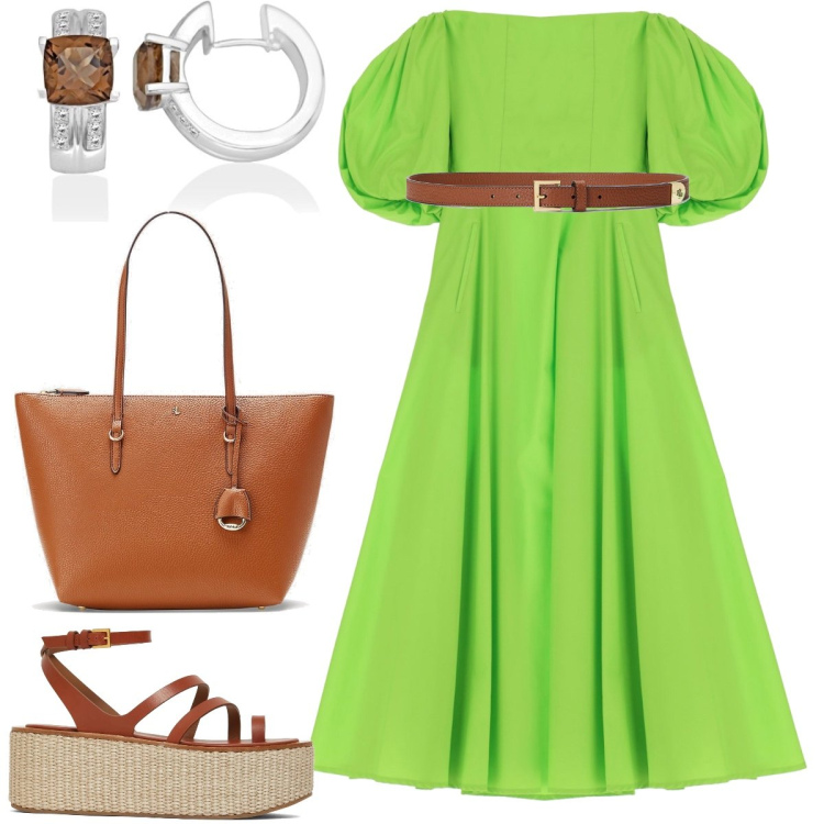 Outfit donna - Verde erba. Stile Romantica per Tutti i giorni. Abbinamento con vestiti midi/longuette, borse tote, cinture, sandali in pelle, orecchini.