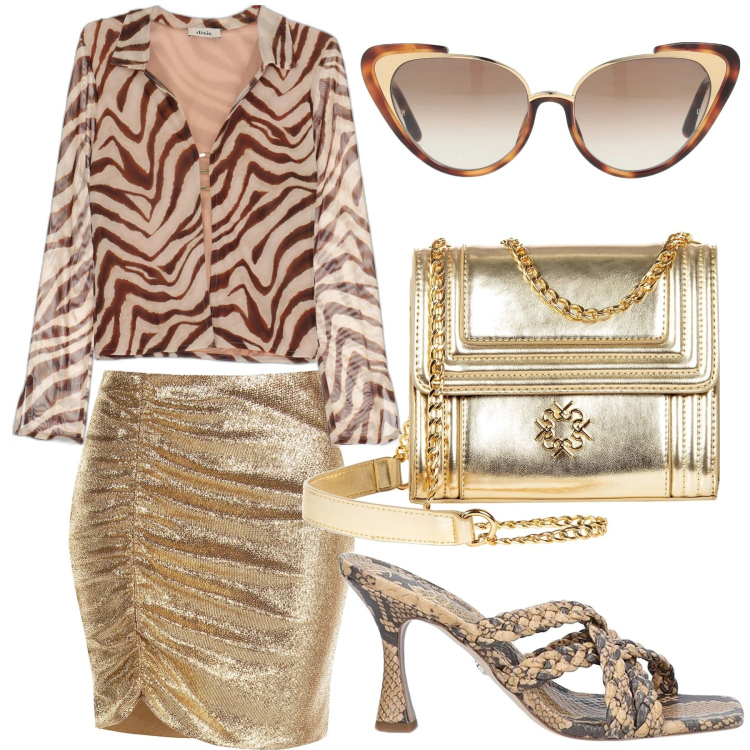 Outfit donna - La minigonna dorata. Stile Glamour per Serata fuori. Abbinamento con occhiali da sole, sandali col tacco, borse a tracolla, minigonne, bluse.