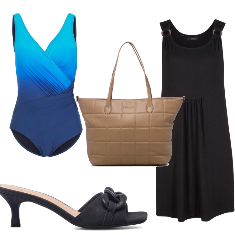 Outfit donna - Total look #1648684. Stile Trendy per Mare. Abbinamento con costumi interi, vestiti midi/longuette, sandali in pelle, borse a spalla.