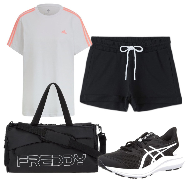 Outfit donna - Total look #1648690. Stile Basic per Sport. Abbinamento con pantaloni corti, borse sportive, t-shirt, scarpe sportive.