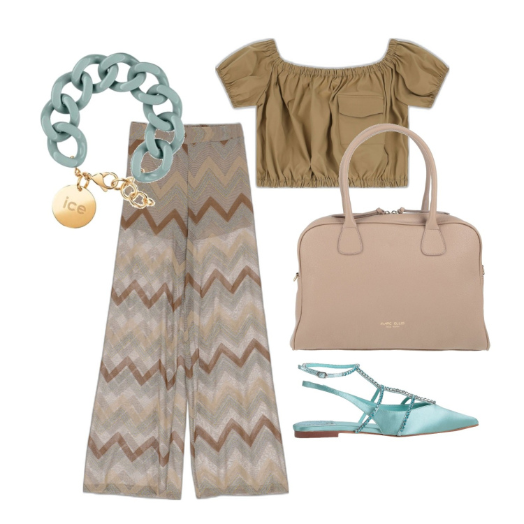 Outfit donna - Staccare ... la spina. Stile Glamour per Tutti i giorni. Abbinamento con ballerine, borse a mano, top, pantaloni a palazzo, braccialetti.