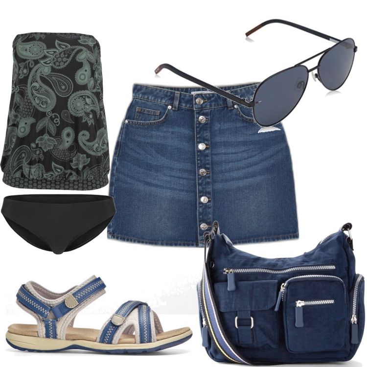 Outfit donna - Total look #1648701. Stile Sporty chic per Mare. Abbinamento con sandali, borse a tracolla, costumi interi, minigonne, occhiali da sole.
