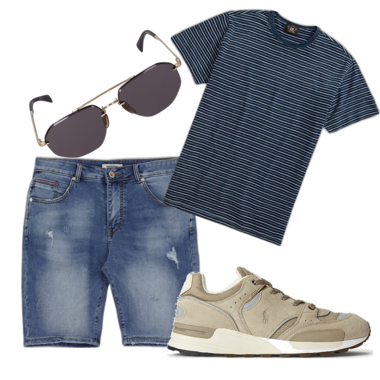 Outfit uomo - Righe estive. Stile Casual per Tutti i giorni. Abbinamento con bermuda, t-shirt, sneakers, occhiali da sole.