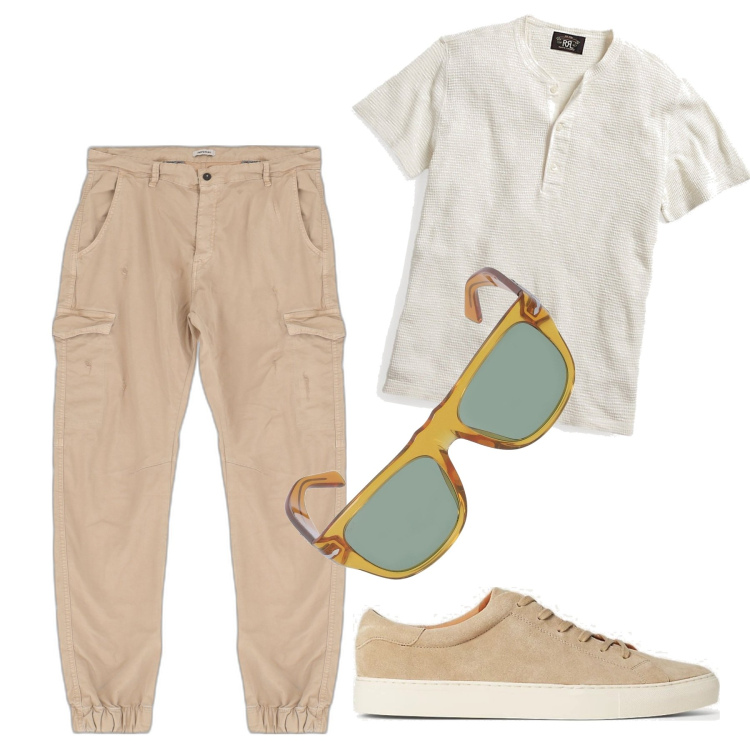 Outfit uomo - I cargo per l\'estate. Stile Trendy per Tutti i giorni. Abbinamento con pantaloni cargo, t-shirt, sneakers, occhiali da sole.