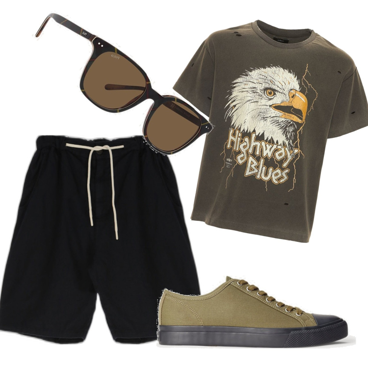 Outfit uomo - Eagle. Stile Urban per Tutti i giorni. Abbinamento con shorts, sneakers, occhiali da sole, t-shirt.