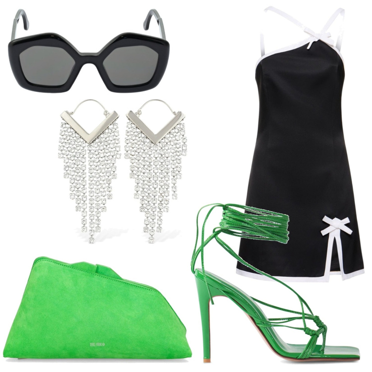 Outfit donna - Accessori per l\'estate. Stile Glamour per Cerimonia. Abbinamento con vestiti, sandali in pelle, orecchini, occhiali da sole, pochette.