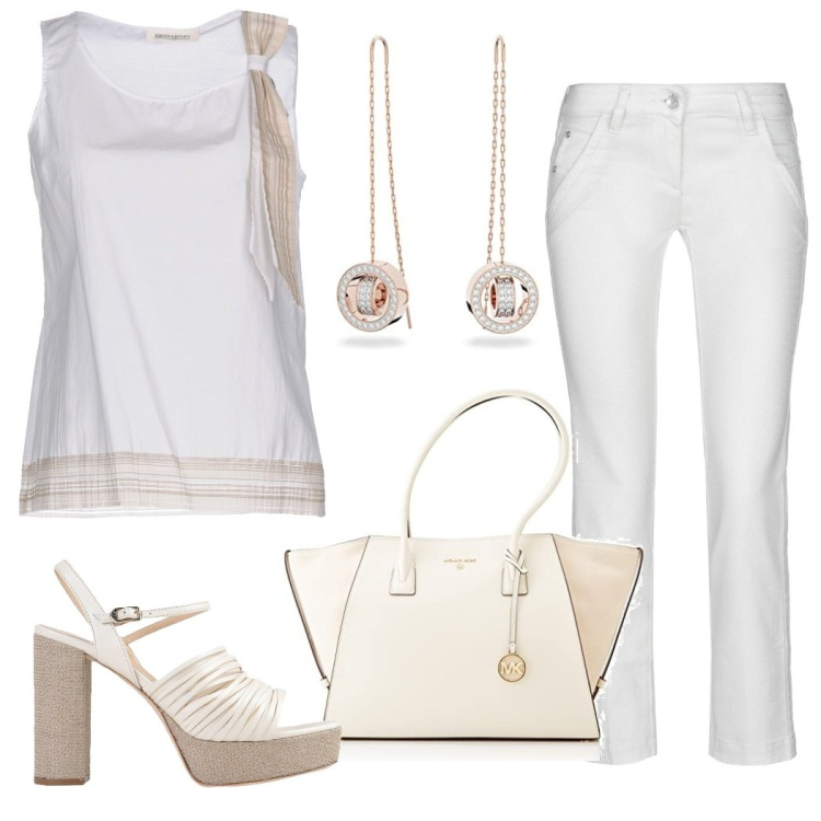 Outfit mujer - Casual chic #14212. Estilo Casual chic para Todos los días. Combinación con bolso tote, pendientes, top, sandalias de tacón, pantalones.