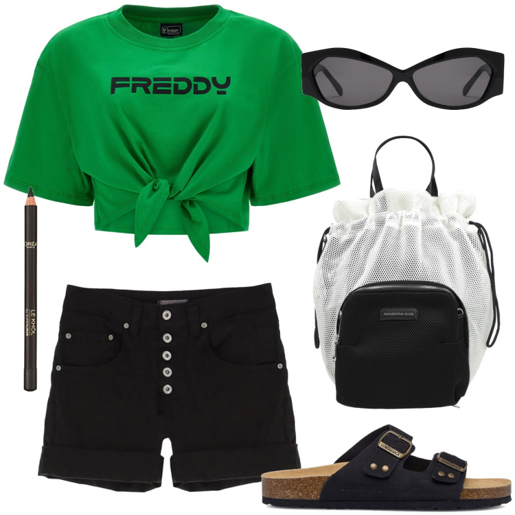 Outfit donna - Total look #1649131. Stile Basic per Tutti i giorni. Abbinamento con borse a mano, shorts, t-shirt, infradito, occhiali da sole, eyeliner.