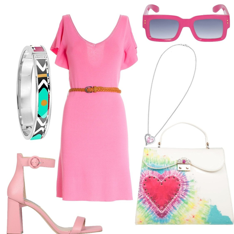 Outfit donna - Ceniamo in Terrazza. Stile Bon Ton per Serata fuori. Abbinamento con sandali col tacco, borse a mano, vestiti, ciondoli, braccialetti, occhiali da sole.