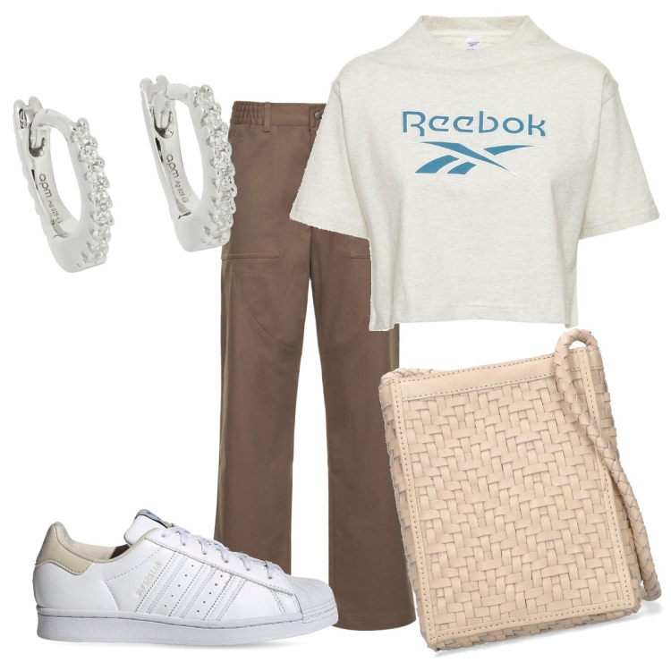 Outfit donna - Total look #1649148. Stile Casual per Tutti i giorni. Abbinamento con sneakers, borse a spalla, t-shirt, pantaloni, orecchini.