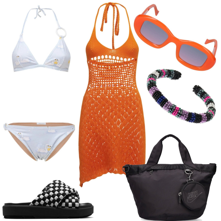 Outfit donna - Vacanze al mare. Stile Casual chic per Mare. Abbinamento con bikini, vestiti, sandali, shopping bag, occhiali da sole, braccialetti.