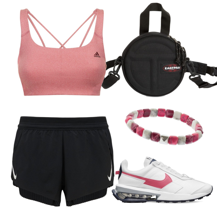 Outfit donna - Camminata nel parco. Stile Sporty chic per Tutti i giorni. Abbinamento con sneakers, shorts, borse a spalla, braccialetti, top.