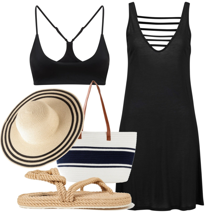 Outfit donna - Black for beach. Stile Chic per Mare. Abbinamento con vestiti da spiaggia, shopping bag, cappelli, infradito, bikini.