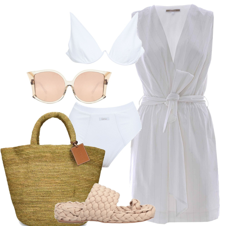 Outfit donna - La stagione del bianco. Stile Chic per Mare. Abbinamento con infradito, occhiali da sole, bikini, vestiti corti, shopping bag.