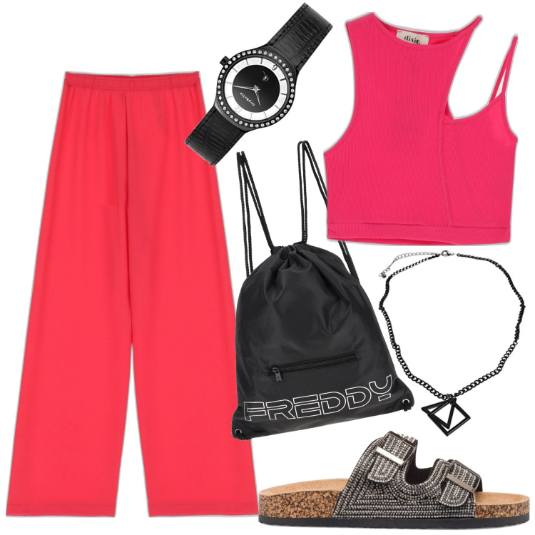 Outfit donna - Color geranio. Stile Casual per Tutti i giorni. Abbinamento con pantaloni a palazzo, zaini, sandali in pelle, top, collane, orologi.