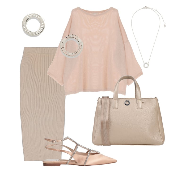 Outfit donna - Il fascino intramontabile del color ecrù. Stile Chic per Ufficio. Abbinamento con ballerine, borse a mano, ciondoli, orecchini, gonne longuette, maglieria.