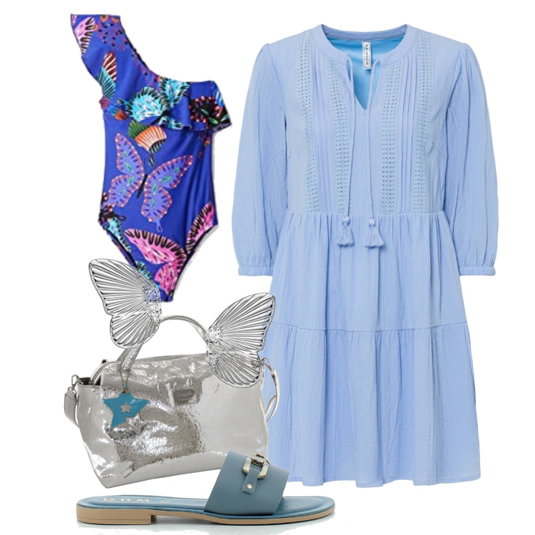 Outfit donna - Al mare. Stile Boho per Mare. Abbinamento con vestiti da spiaggia, sandali in pelle, costumi interi, borse a mano, orecchini.