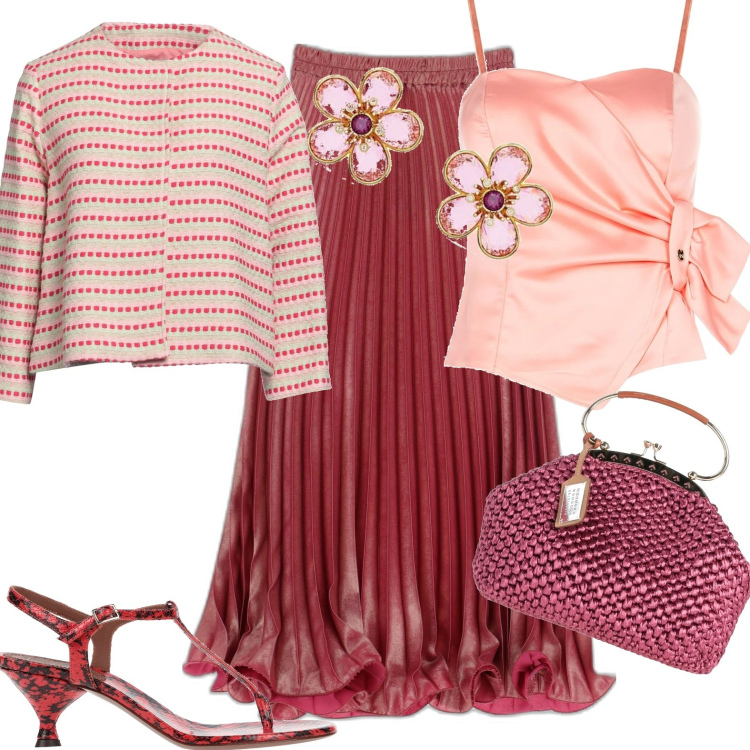 Outfit donna - Total look #1649677. Stile Chic per Serata fuori. Abbinamento con infradito, blazer, borse a mano, top, gonne longuette, orecchini.