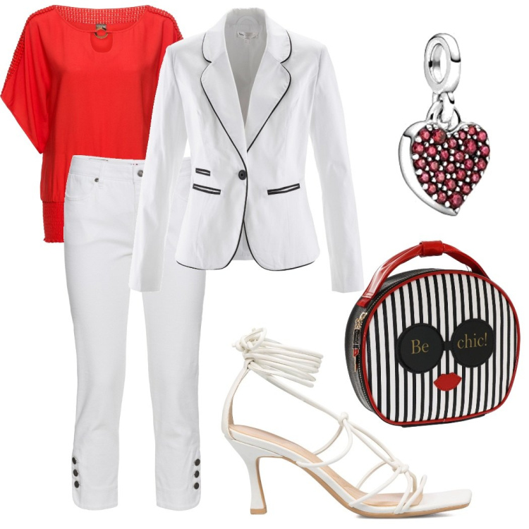 Outfit donna - Look da riunione. Stile Chic per Ufficio. Abbinamento con jeans slim fit, blazer, bluse, sandali alla schiava, pochette, ciondoli.