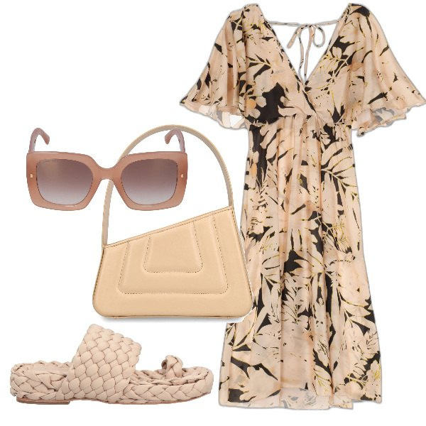 Outfit donna - Florage avorio. Stile Chic per Tutti i giorni. Abbinamento con infradito, vestiti midi/longuette, occhiali da sole, borse a spalla.