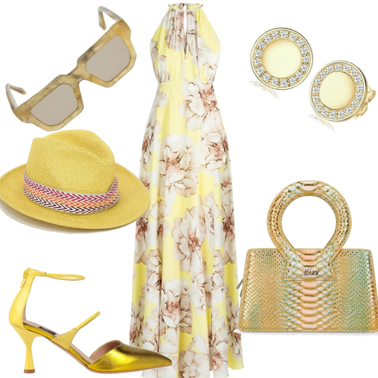 Outfit donna - Total look #1649963. Stile Chic per Serata fuori. Abbinamento con décolleté, vestiti lunghi, cappelli, occhiali da sole, borse a mano, orecchini.