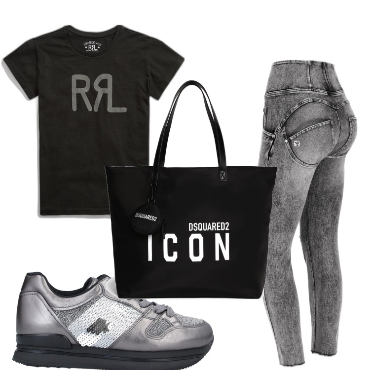 Outfit donna - Total look #1650021. Stile Basic per Tutti i giorni. Abbinamento con sneakers, jeans skinny, t-shirt, shopping bag.