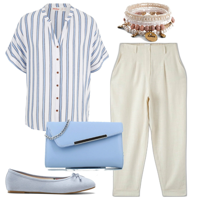 Outfit donna - Stile italiano. Stile Minimal per Ufficio. Abbinamento con camicie, braccialetti, ballerine, pantaloni chino, clutch.