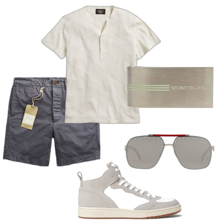 Outfit uomo - Porta documenti Montblanc. Stile Urban per Tutti i giorni. Abbinamento con portafogli, occhiali da sole, t-shirt, pantaloni chino, sneakers alte.