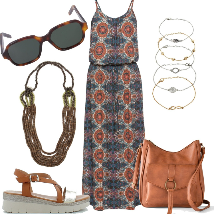 Outfit donna - Estate. Stile Etnico per Tutti i giorni. Abbinamento con vestiti lunghi, borse a tracolla, braccialetti con ciondoli, zeppe, collane, occhiali da sole.