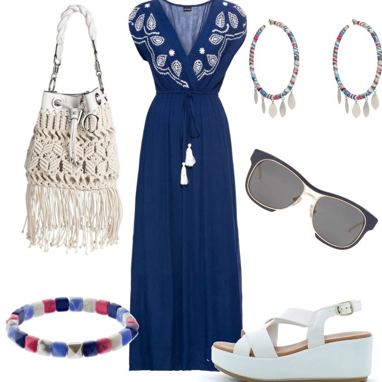 Outfit donna - Zeppe bianche. Stile Boho per Tutti i giorni. Abbinamento con vestiti lunghi, borse a secchiello, occhiali da sole, orecchini, zeppe, braccialetti.
