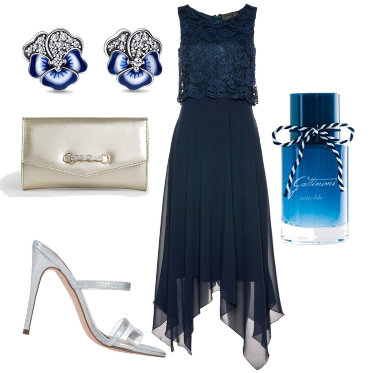 Outfit donna - Abito blu. Stile Chic per Serata fuori. Abbinamento con vestiti midi/longuette, sandali col tacco, pochette, orecchini, profumi.