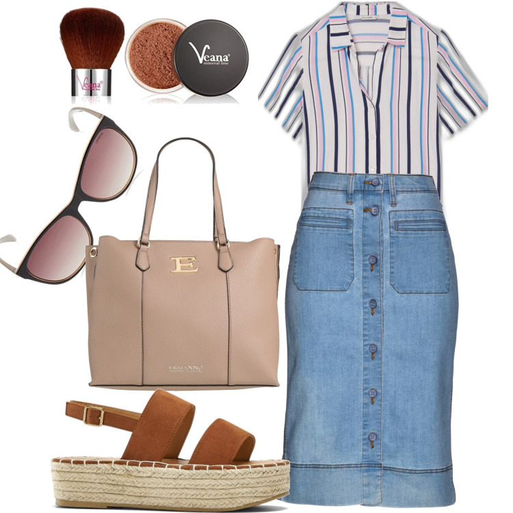 Outfit donna - Pratica ma in tiro. Stile Casual chic per Ufficio. Abbinamento con gonne, sandali, borse a mano, camicie a manica corta, fondotinta, occhiali da sole.