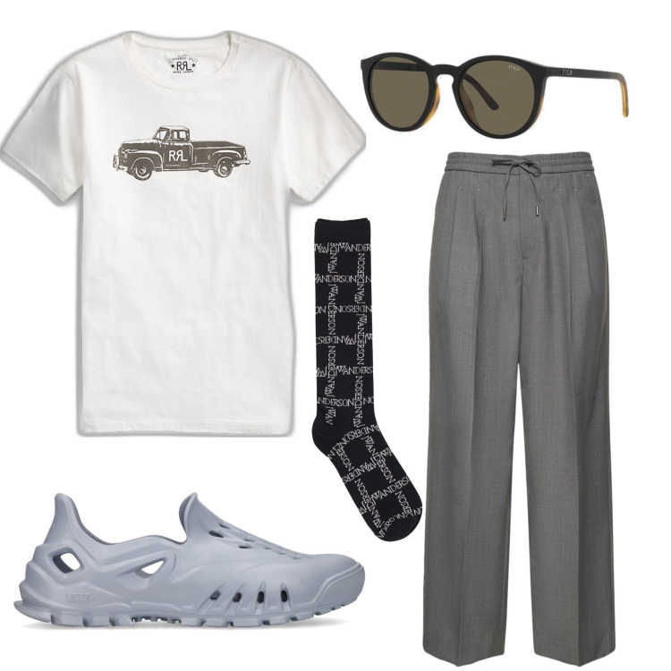 Outfit uomo - Casual ma originale. Stile Trendy per Tutti i giorni. Abbinamento con t-shirt, occhiali da sole, pantaloni, sandali, calzini.