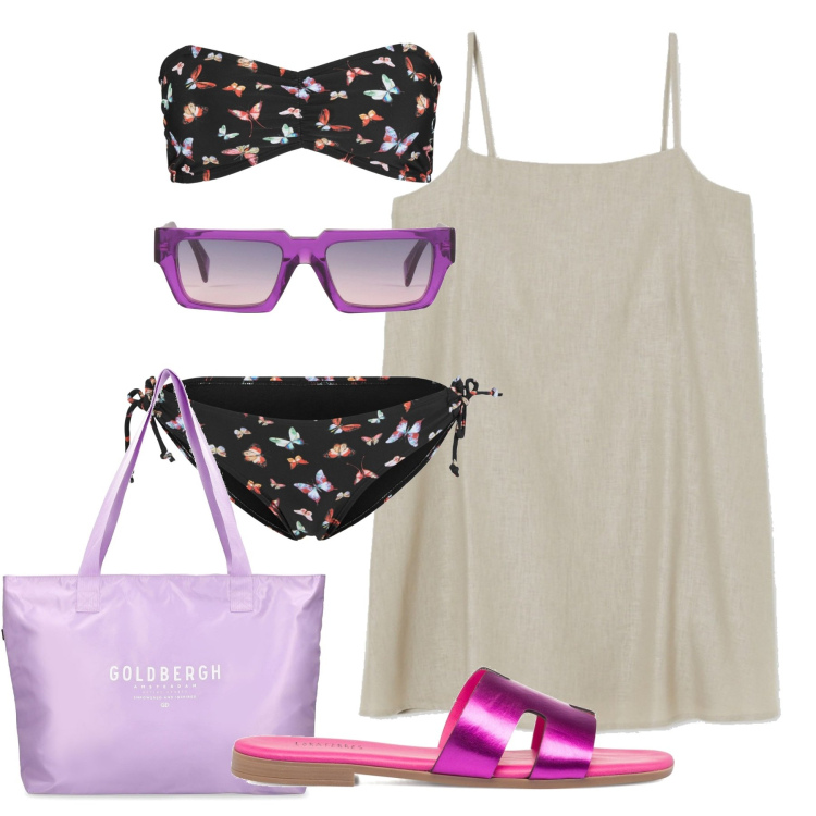 Outfit donna - Il prendisole color sabbia. Stile Chic per Mare. Abbinamento con bikini, occhiali da sole, vestiti corti, ciabatte, shopping bag.