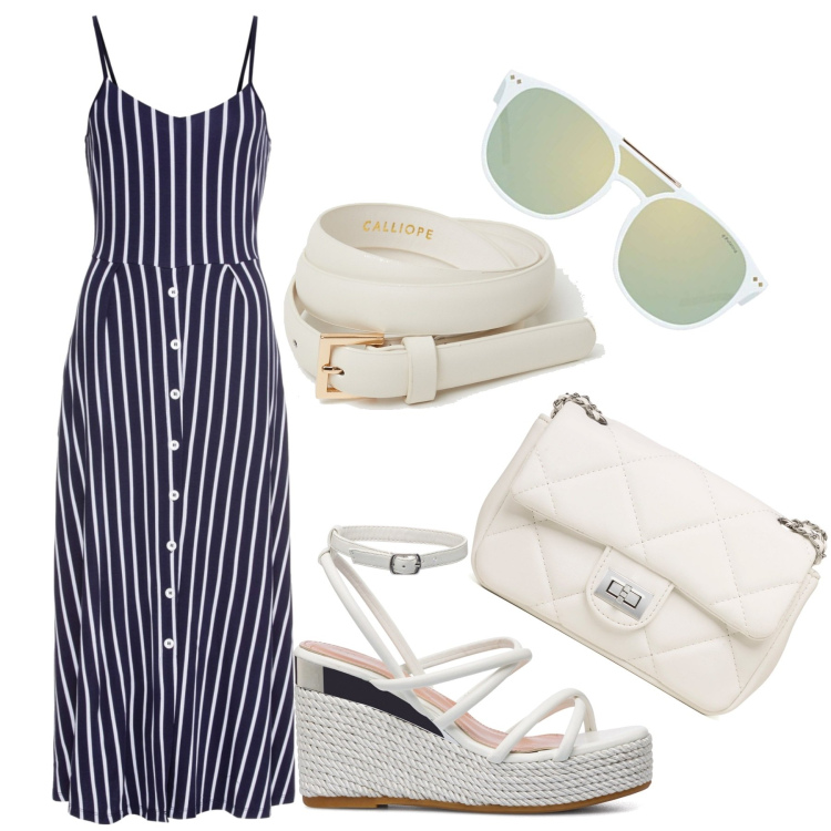 Outfit donna - Righe in bianco. Stile Bon Ton per Tutti i giorni. Abbinamento con vestiti midi/longuette, cinture, borse a tracolla, sandali in pelle, occhiali da sole.