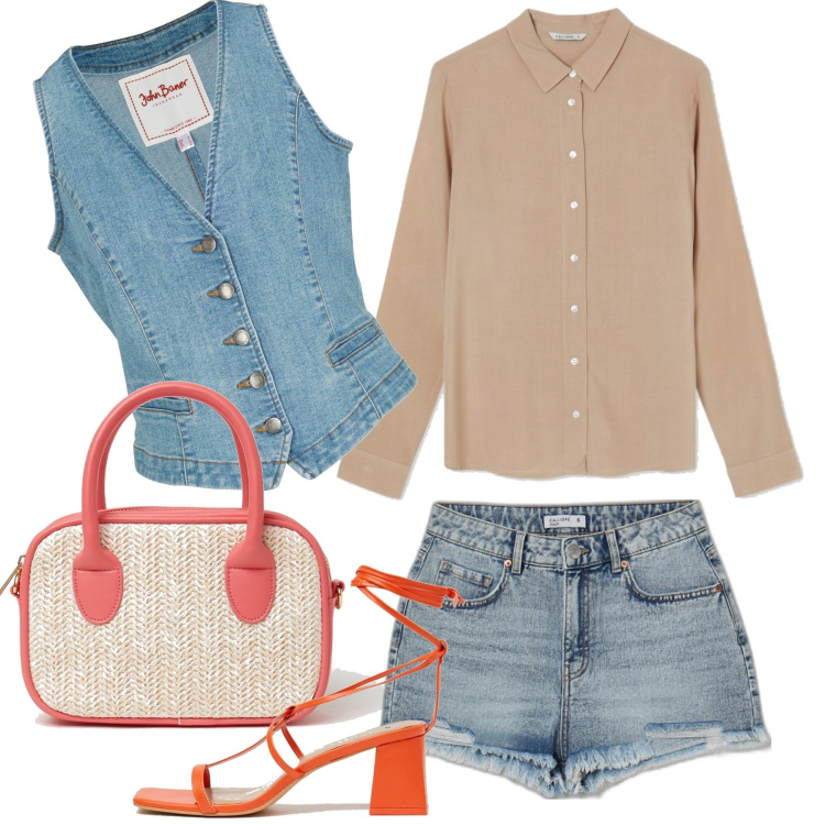 Outfit donna - Col gilet e gli shorts. Stile Trendy per Tutti i giorni. Abbinamento con gilet, shorts, camicie, sandali in pelle, borse a spalla.