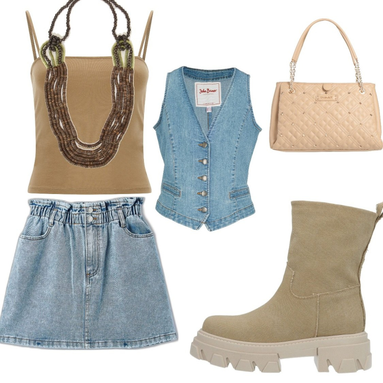 Outfit donna - Casual con un tocco di originalità. Stile Casual per Tutti i giorni. Abbinamento con gilet, stivaletti, borse a mano, minigonne, canottiere, collane.