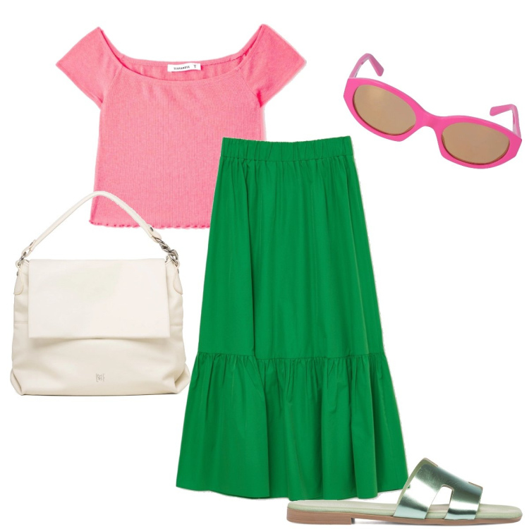 Outfit donna - Gli occhiali fucsia. Stile Basic per Tutti i giorni. Abbinamento con t-shirt, gonne lunghe, ciabatte, borse a spalla, occhiali da sole.
