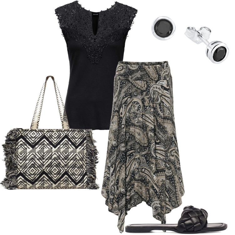 Outfit donna - Con le ciabattine bon ton. Stile Etnico per Tutti i giorni. Abbinamento con gonne longuette, top, shopping bag, ciabatte, orecchini.