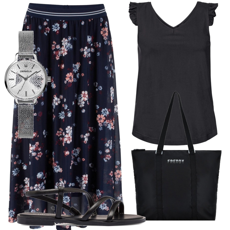 Outfit donna - Giornata in giro super comoda. Stile Basic per Tutti i giorni. Abbinamento con top, gonne longuette, borse tote, sandali, orologi analogici.