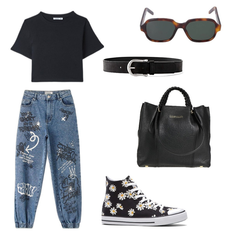Outfit donna - Un pomeriggio impegnativo. Stile Trendy per Tutti i giorni. Abbinamento con sneakers alte, cinture, borse a mano, jeans, t-shirt, occhiali da sole.