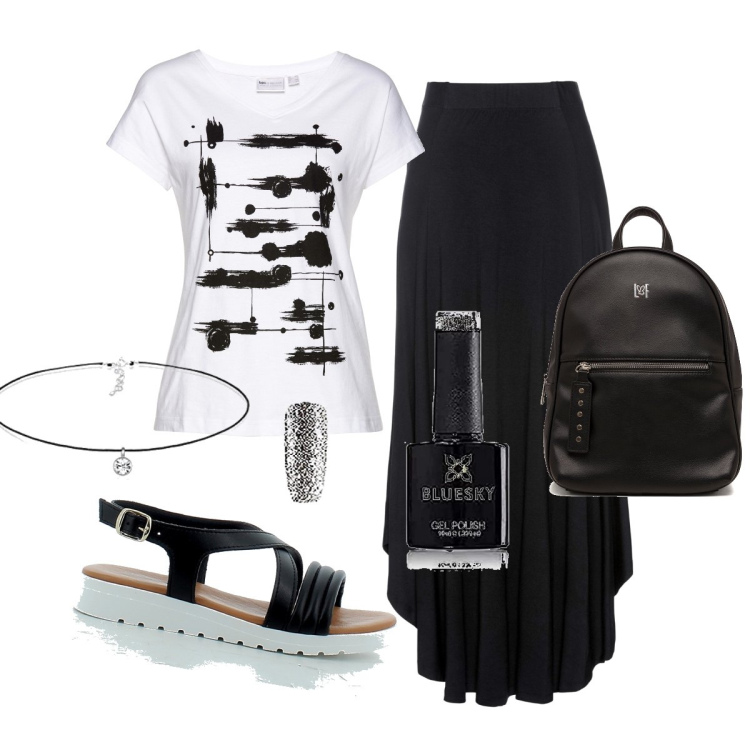 Outfit donna - schizzi neri. Stile Casual per Tutti i giorni. Abbinamento con gonne, t-shirt, sandali in pelle, zaini, smalti, collane.
