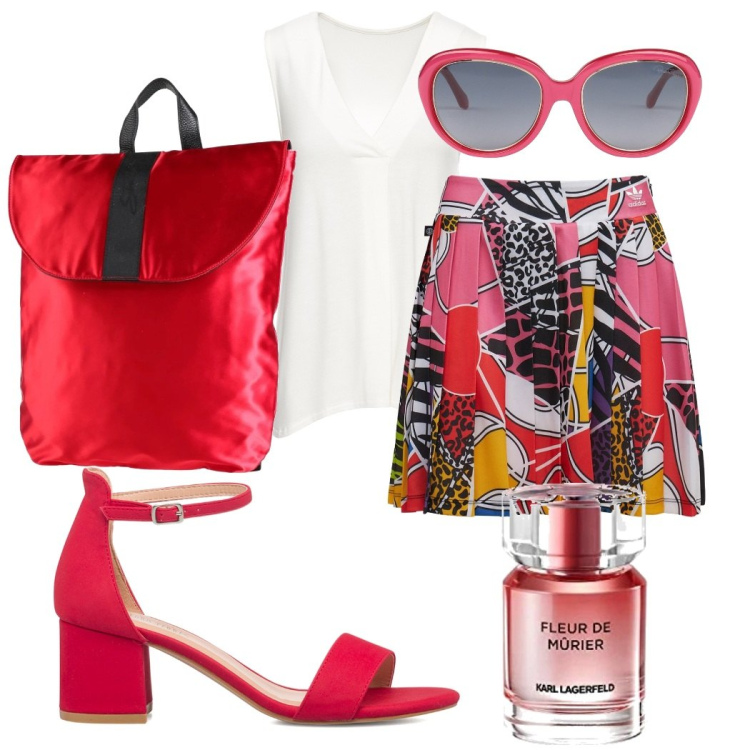 Outfit donna - Oggi sono allegra!. Stile Casual per Tutti i giorni. Abbinamento con top, occhiali da sole, zaini, sandali in pelle, gonne, profumi.