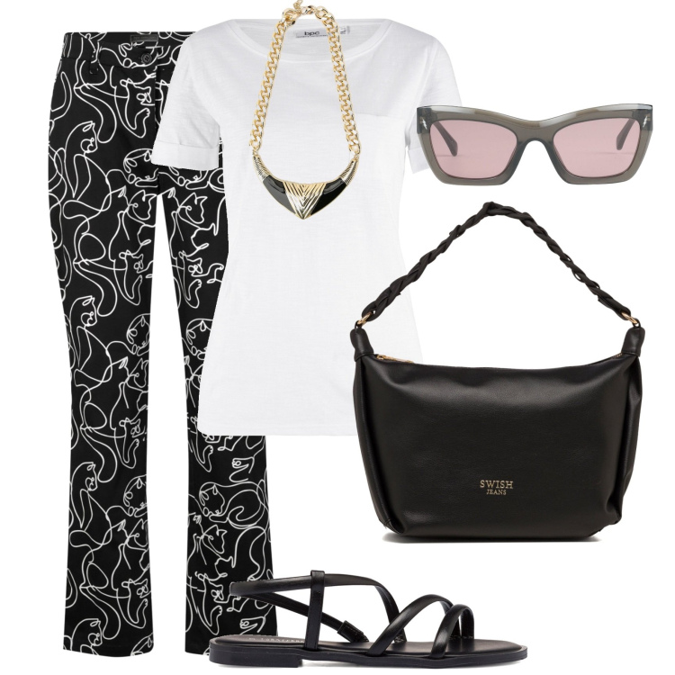 Outfit donna - Il tocco originale della collana etnica. Stile Casual per Tutti i giorni. Abbinamento con t-shirt, pantaloni, occhiali da sole, collane, sandali, borse a mano.