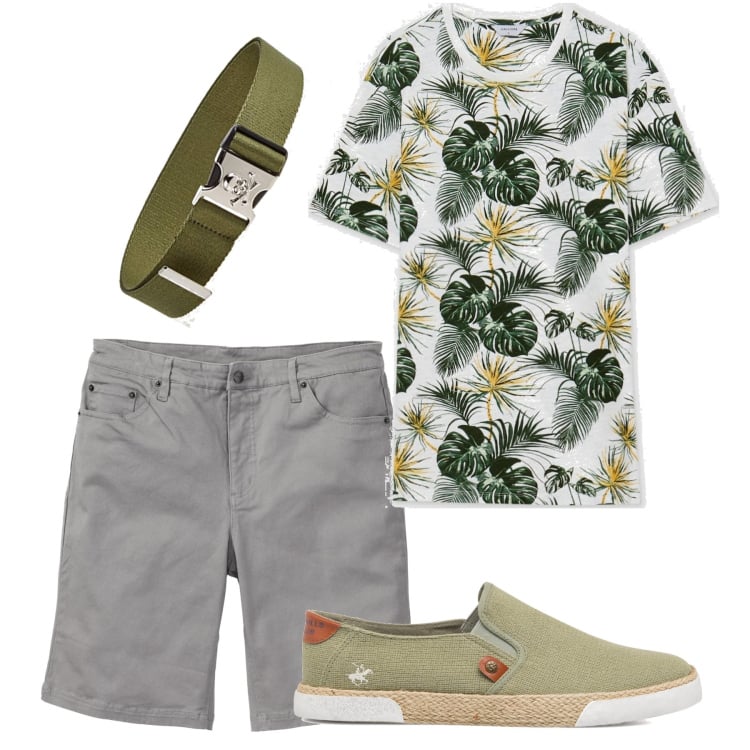 Outfit uomo - Fresco per l\'estate. Stile Casual per Tutti i giorni. Abbinamento con bermuda, t-shirt, sneakers, cinture.