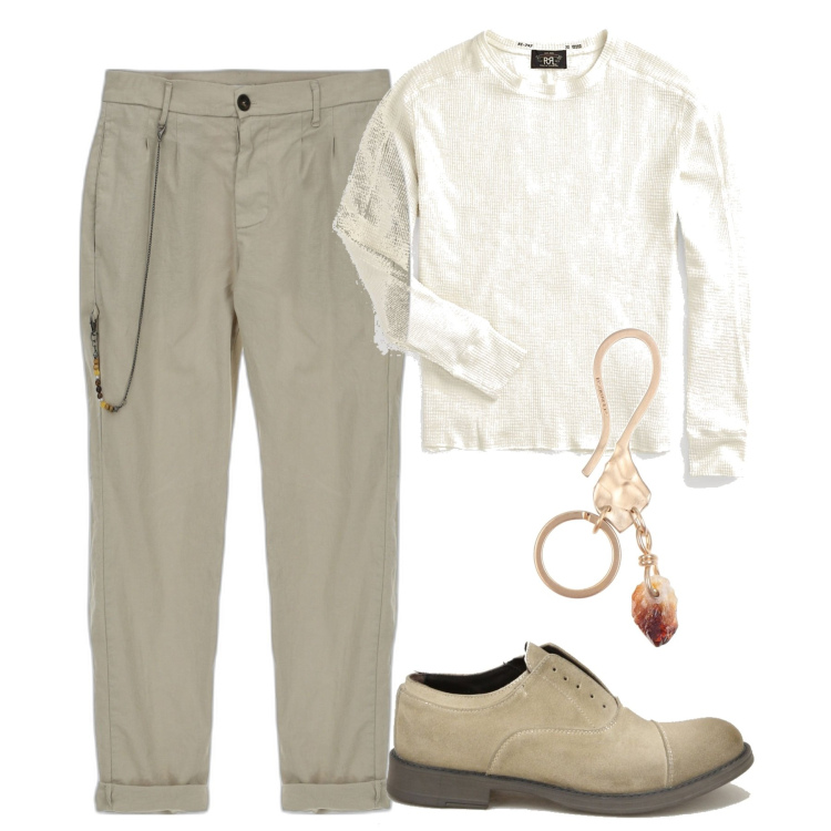 Outfit uomo - Casual chic. Stile Business/Elegante per Serata speciale. Abbinamento con portachiavi, scarpe stringate, pantaloni, maglieria.