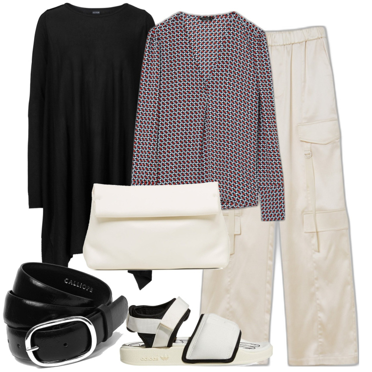 Outfit donna - Semplice e raffinato bianco e nero. Stile Casual chic per Tutti i giorni. Abbinamento con maglieria, bluse, pantaloni cargo, cinture, borse a tracolla, sandali.