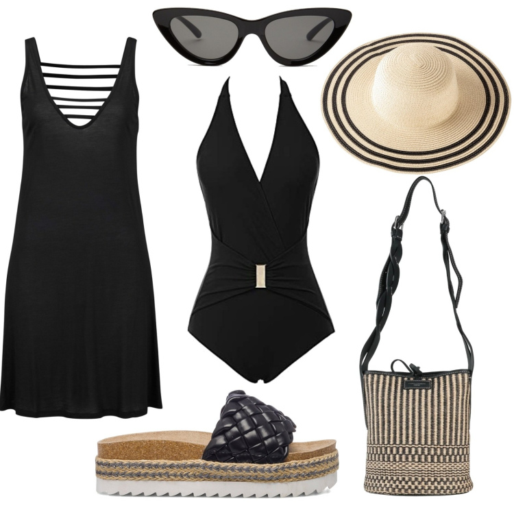 Outfit donna - Al mare. Stile Glamour per Mare. Abbinamento con vestiti da spiaggia, cappelli, borse a secchiello, occhiali da sole, sandali in pelle, costumi.