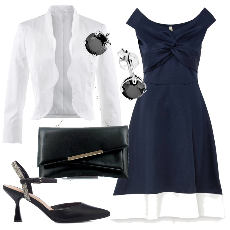 Outfit donna - Serata elegante. Stile Chic per Serata fuori. Abbinamento con blazer, vestiti, clutch, décolleté, orecchini.