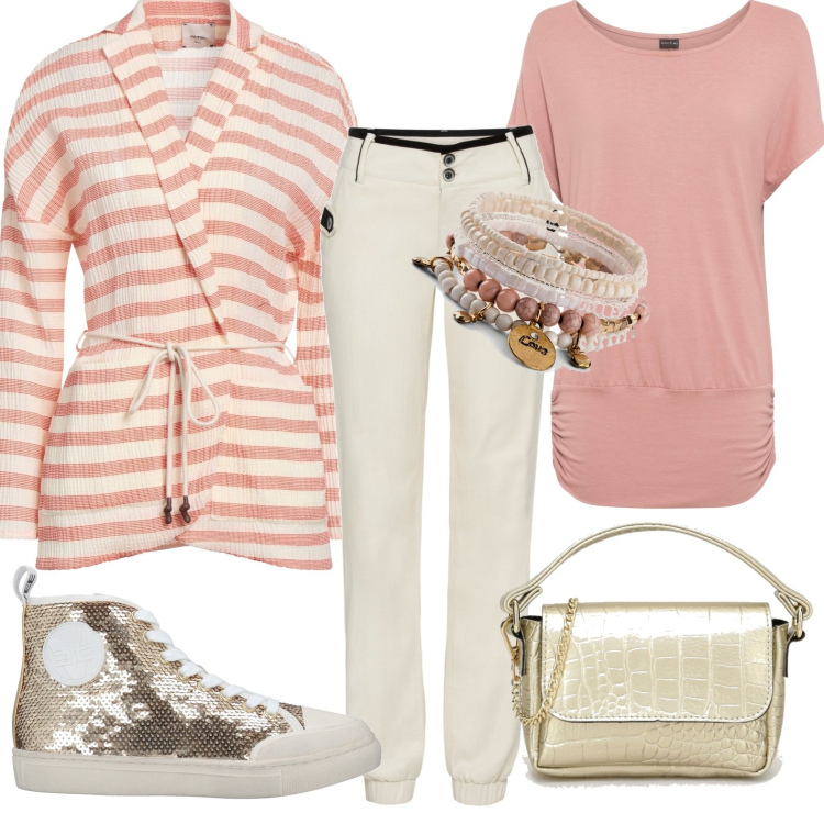 Outfit donna - Total look #1651234. Stile Casual per Ufficio. Abbinamento con maglieria, braccialetti, pantaloni, sneakers alte, blazer, pochette.